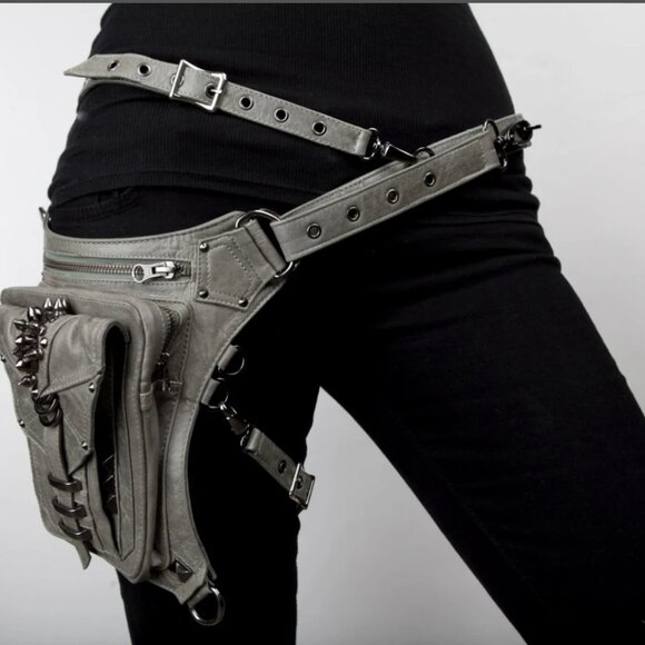 Jungle Tribe Belt Bag Gray Leather Studded Utility Crossbody Handbag Fanny Pack - Picture 15 of 17